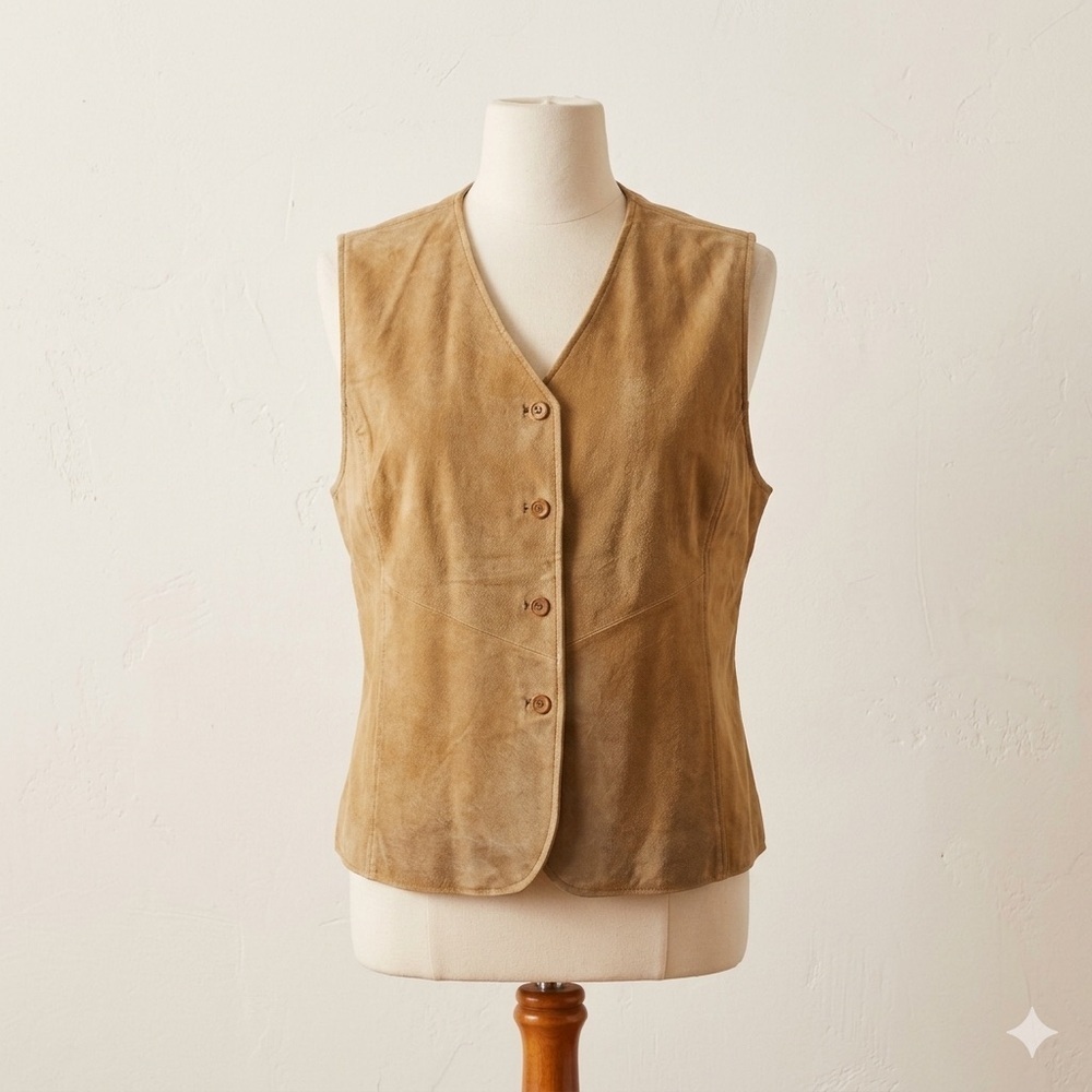 Outbrook 90’Vintage Women XL Camel Tan Genuine Leather Suede Vest Buttons Lined